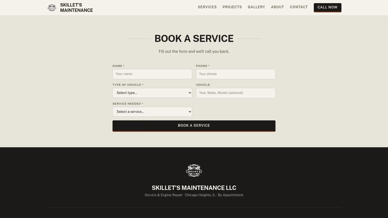 Desktop view of a local service business booking form
