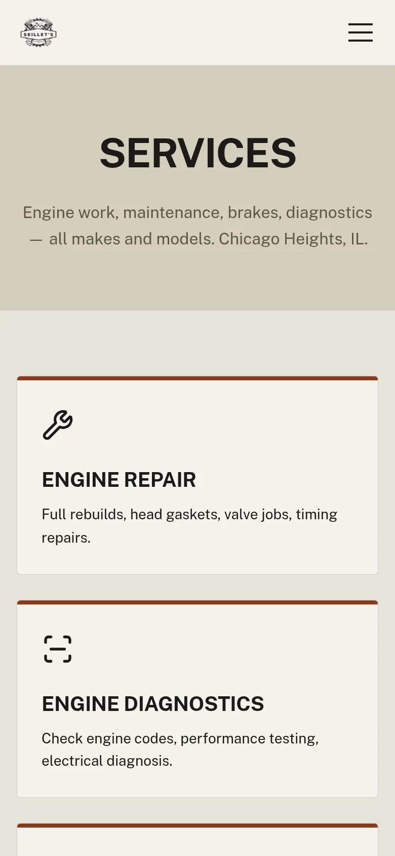 Phone view of a local service business services page