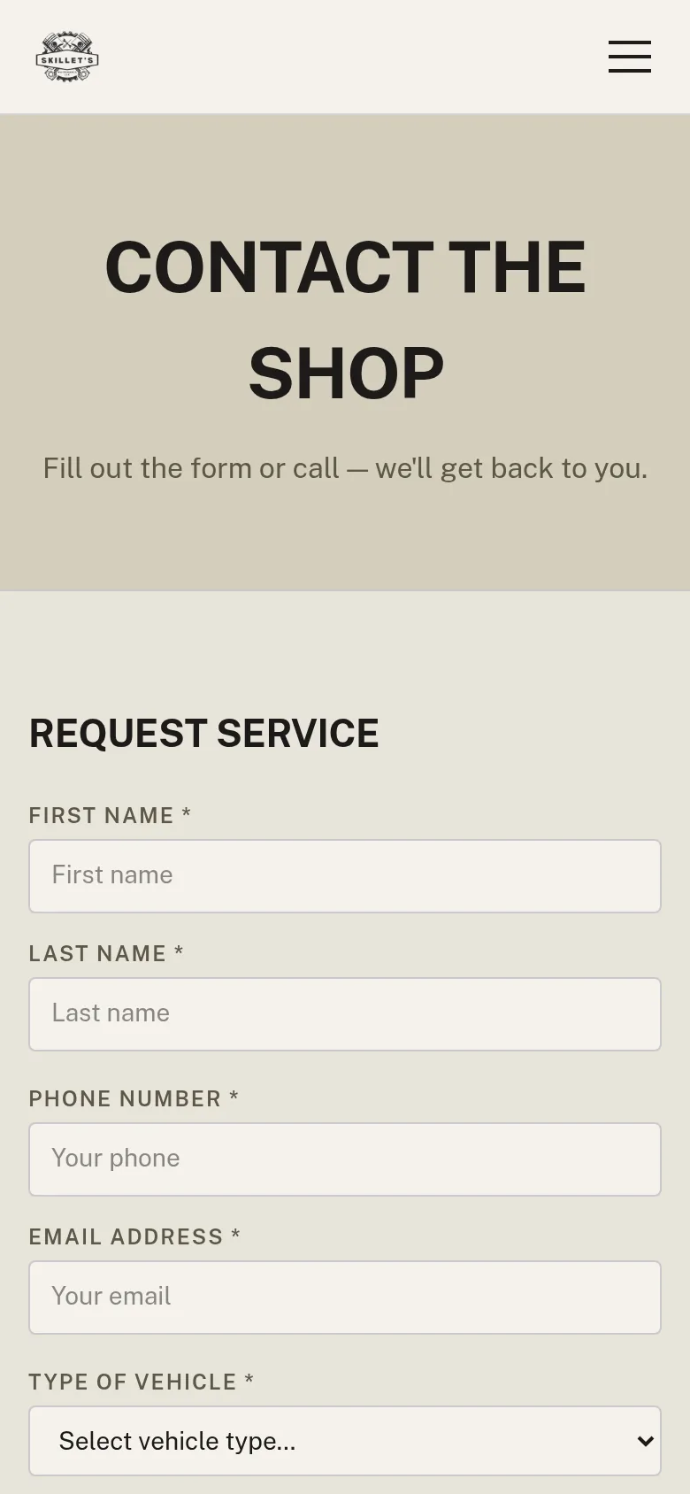 Phone view of a local service business contact form
